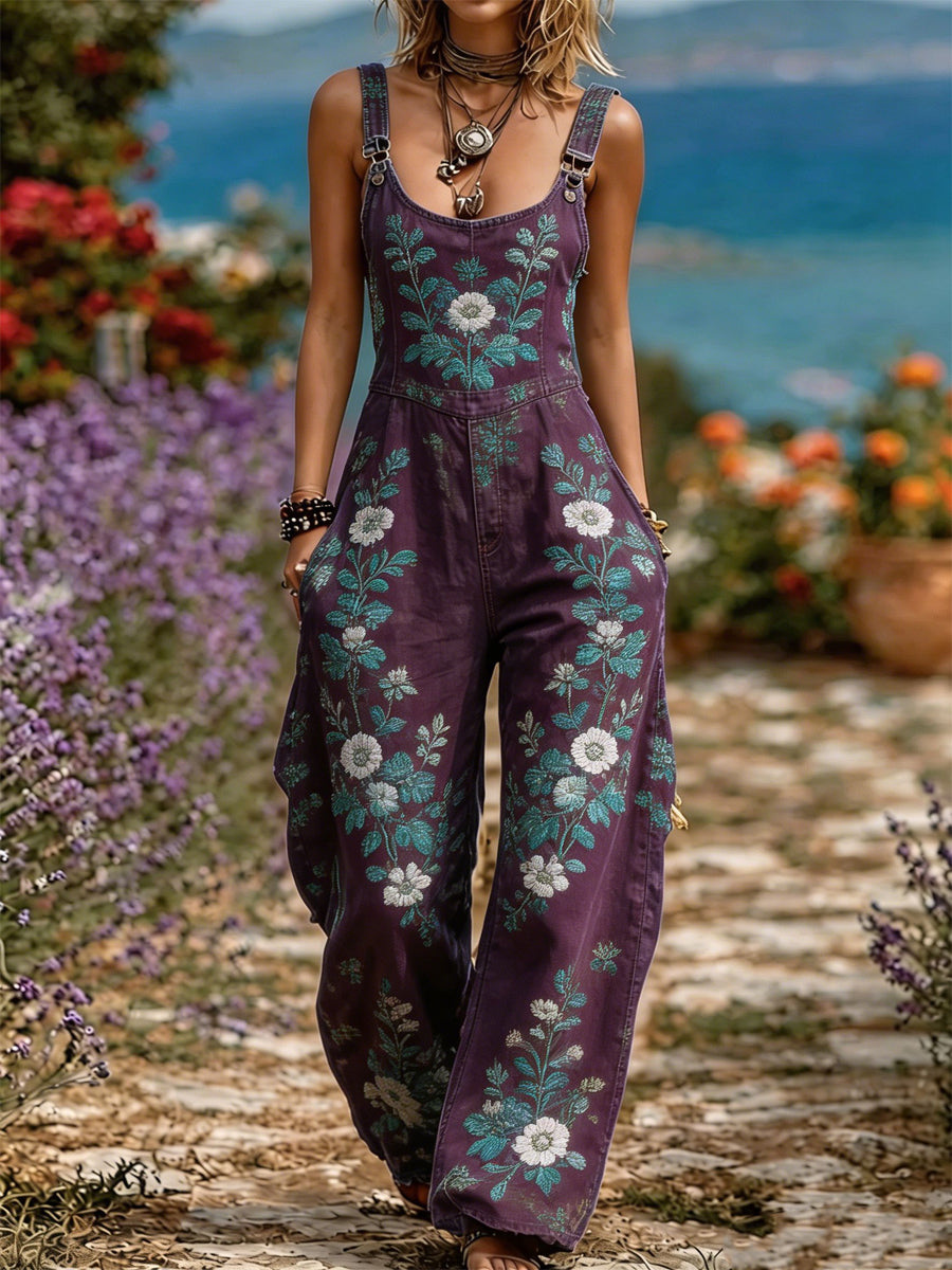 Women's Retro Style Art Print Washed Cotton Denim Patchwork Jumpsuit